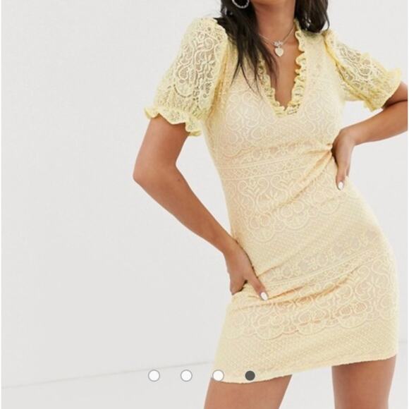 Reclaimed Vintage Yellow Lace Puff Shoulder Dress ASOS Romantic Sz 8 - Picture 1 of 10